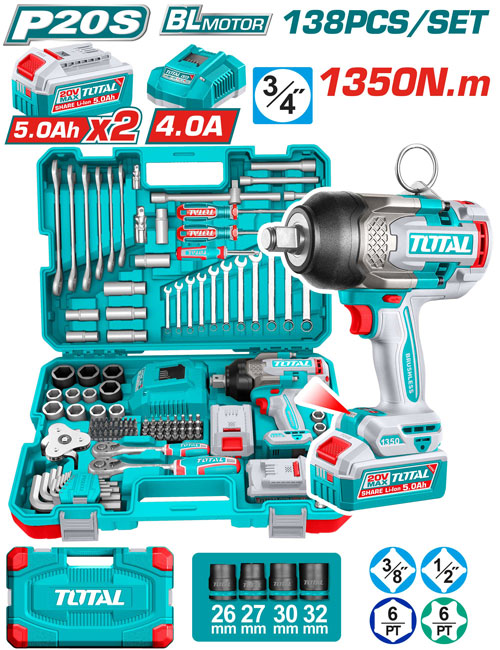 طقم عدة 138قطعة دريل 3/4″ 20فولت 1350نيوتن 2بطارية 5امبير توتال_THKTHP41383